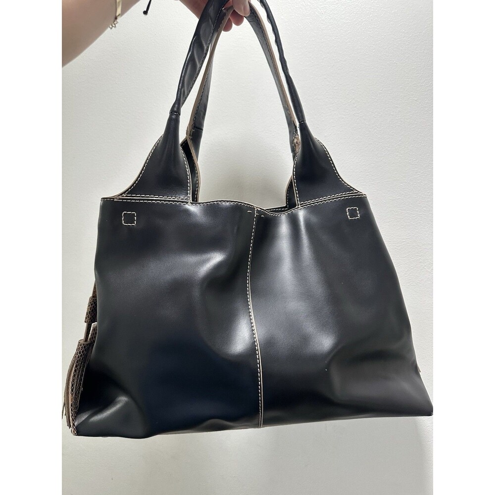 G.I.L.I. Black Leather Tote Bag Python Snake Print Tassel QVC A292954 Hobo Large